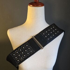 Vintage 80's Fabric Belt With Faux Leather And Faux Silver Grommet Detail